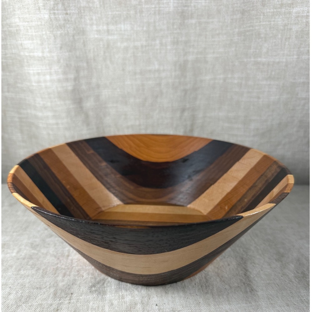 Wooden Striped Bowl Good Vintage Handcrafted Mixed Wood Inlay Geometric 9.5in